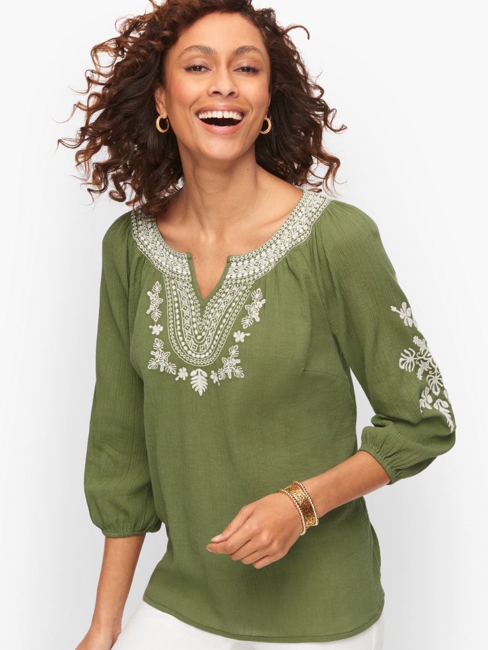 Talbots Green Embroidered Peasant Top